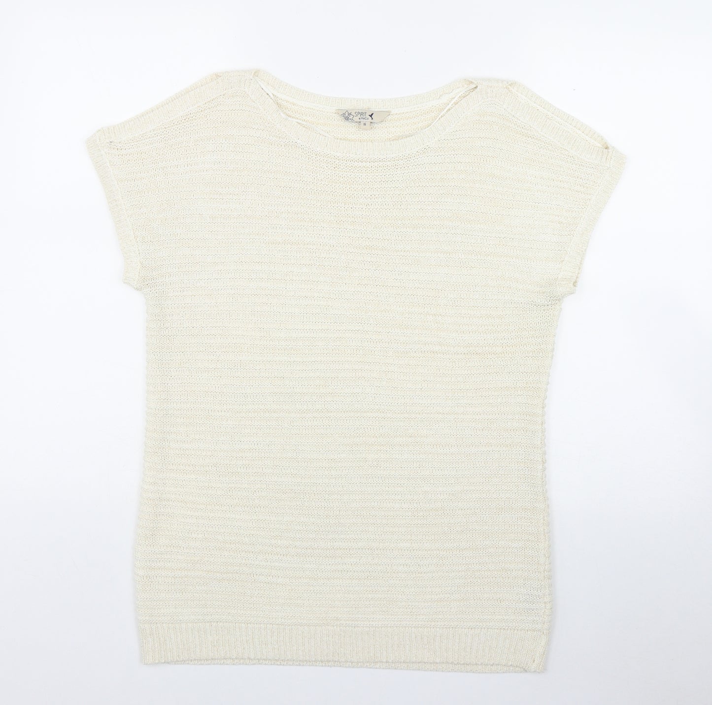 M&Co Womens Beige  Acrylic Basic T-Shirt Size 16 Round Neck