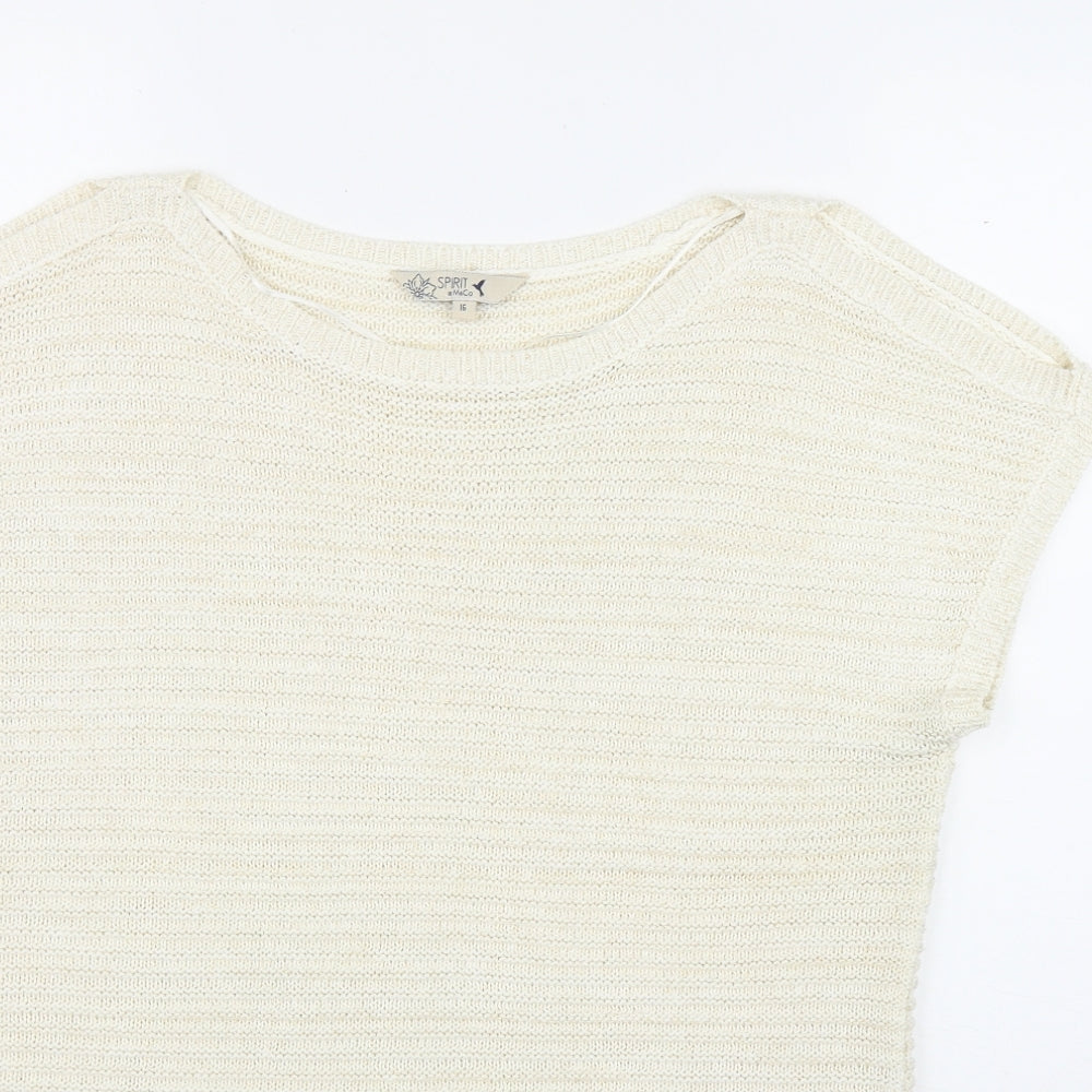 M&Co Womens Beige  Acrylic Basic T-Shirt Size 16 Round Neck