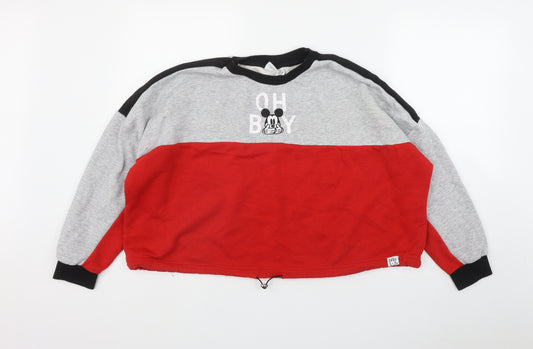 Front view of Primark women’s red cotton pullover sweatshirt, size M, - mickey mouse