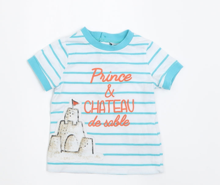 Preworn Boys Blue Striped Cotton Basic T-Shirt Size 6-9 Months Crew Neck Button - prince & chateau de sable