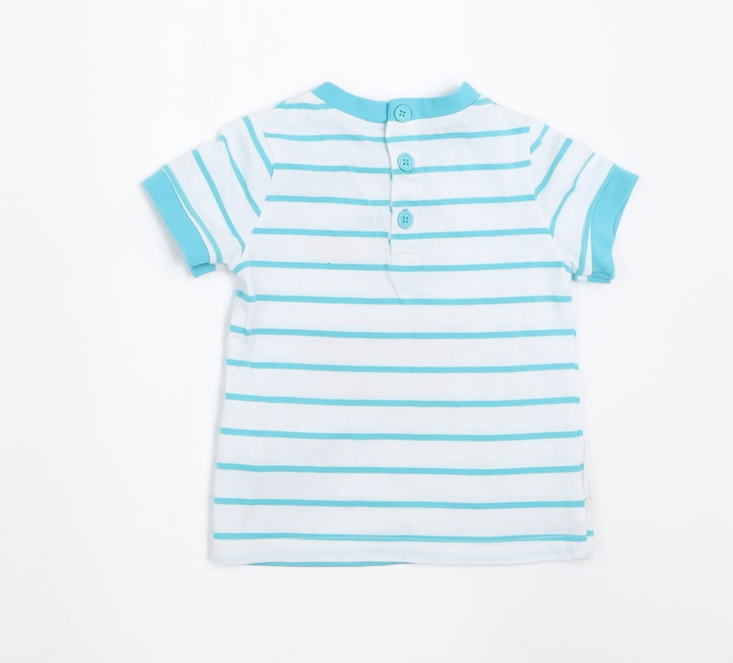 Preworn Boys Blue Striped Cotton Basic T-Shirt Size 6-9 Months Crew Neck Button - prince & chateau de sable