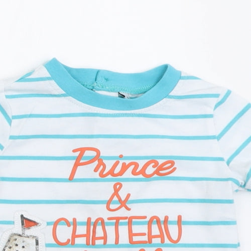 Preworn Boys Blue Striped Cotton Basic T-Shirt Size 6-9 Months Crew Neck Button - prince & chateau de sable