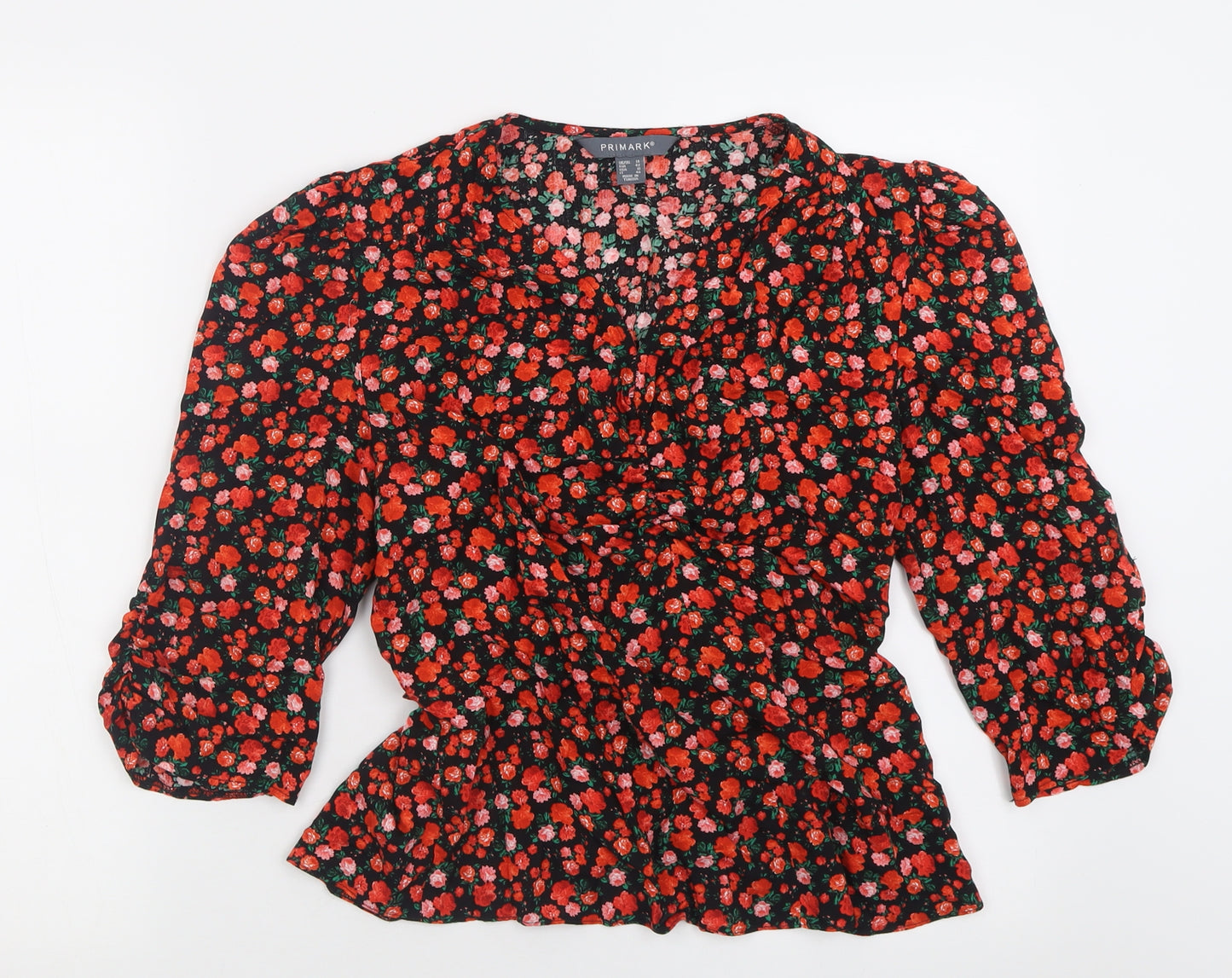 Primark Womens Red Floral Viscose Basic Blouse Size 14 V-Neck
