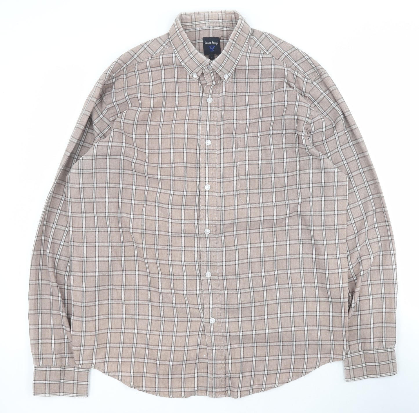 James Pringle Mens Brown Check Polyester  Button-Up Size L Collared Button