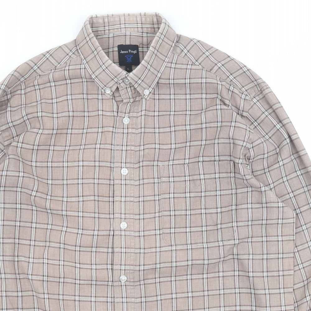 James Pringle Mens Brown Check Polyester  Button-Up Size L Collared Button