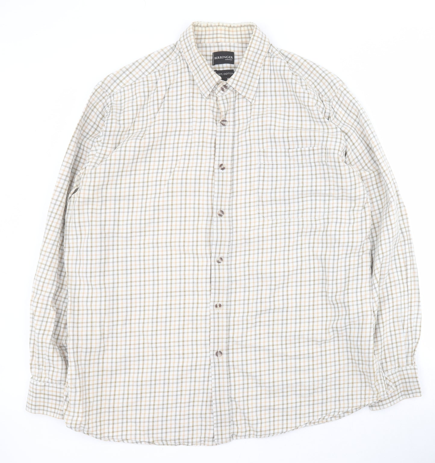 Berringer Mens Beige Check Cotton  Button-Up Size L Collared Button