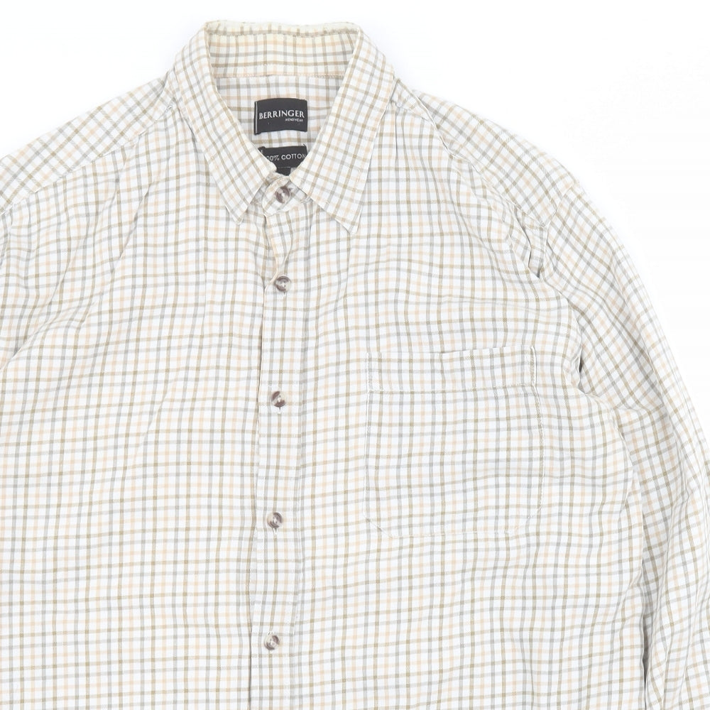 Berringer Mens Beige Check Cotton  Button-Up Size L Collared Button
