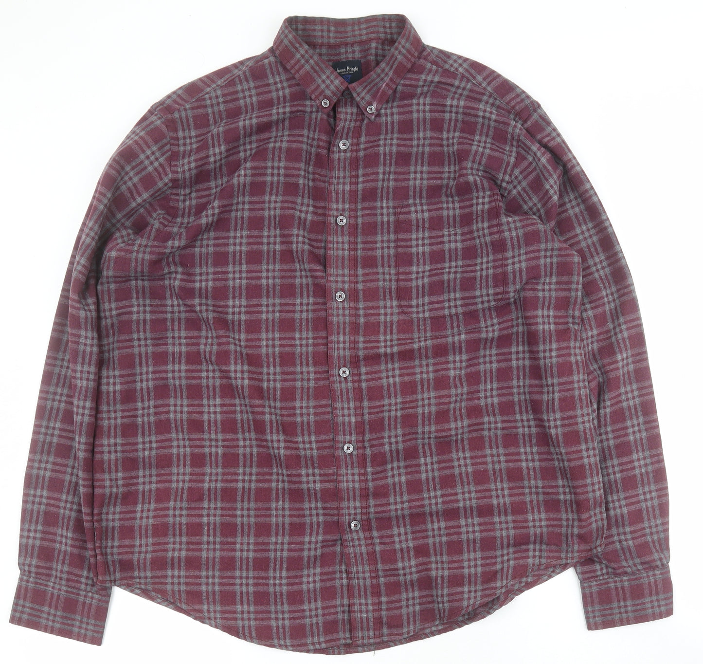 James Pringle Mens Purple Check Polyester  Button-Up Size L Collared Button