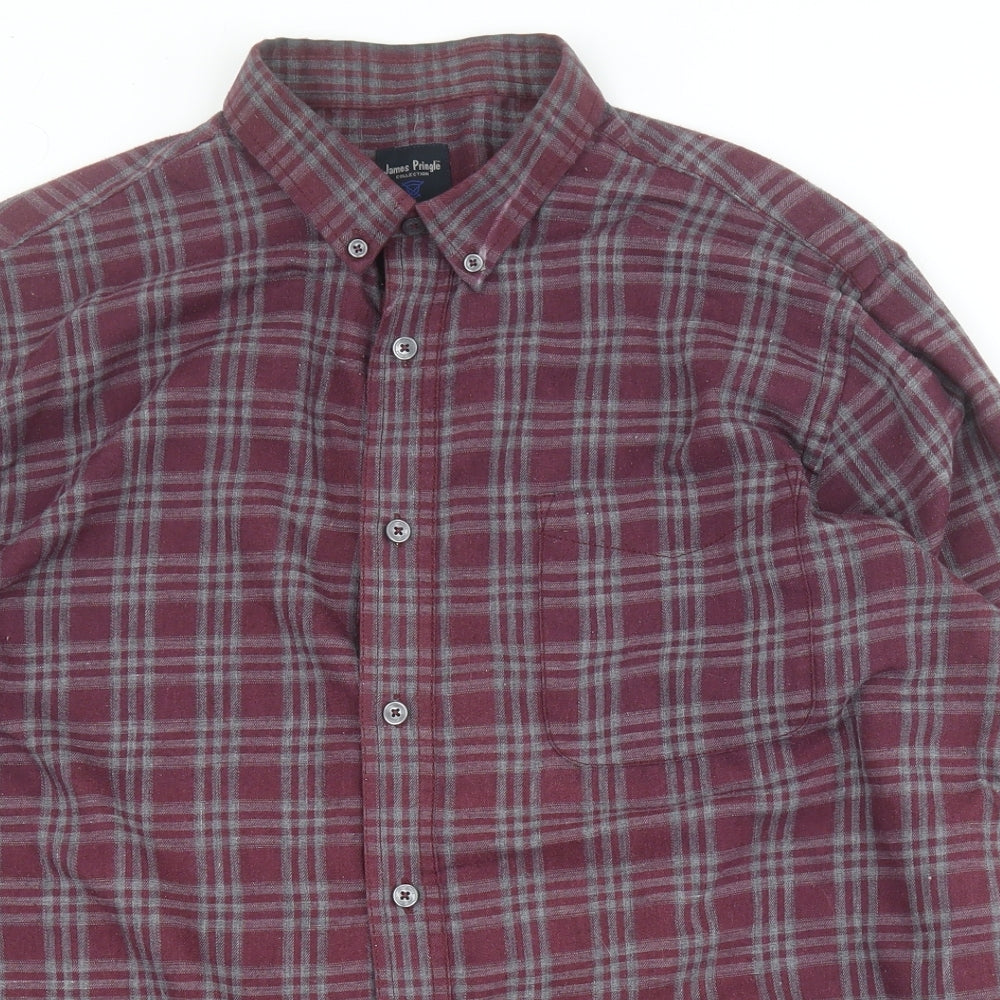 James Pringle Mens Purple Check Polyester  Button-Up Size L Collared Button