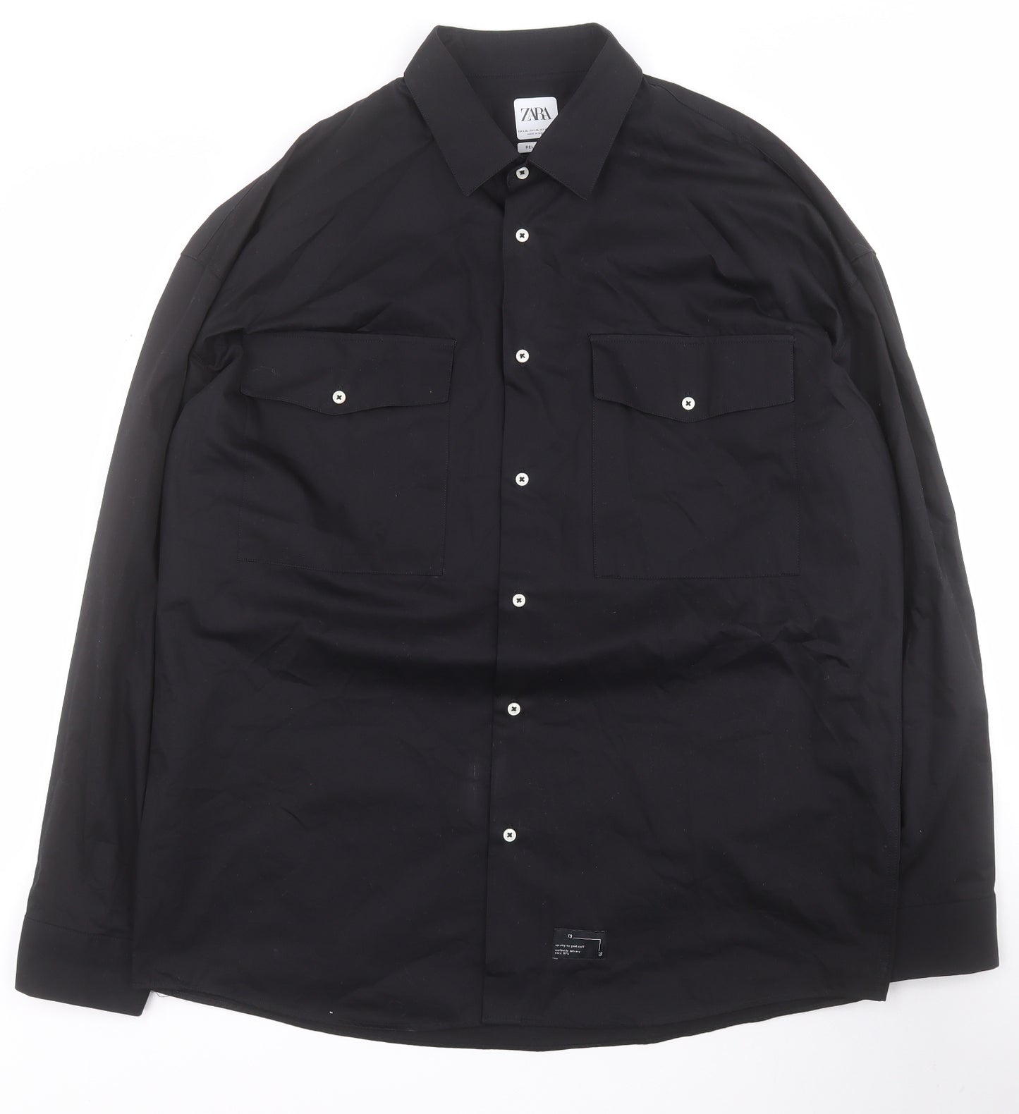 Zara Mens Black  Cotton  Button-Up Size L Collared Button