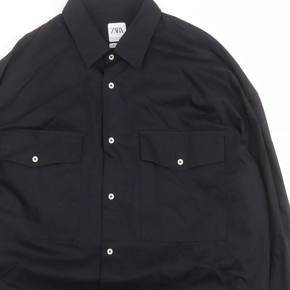 Zara Mens Black  Cotton  Button-Up Size L Collared Button