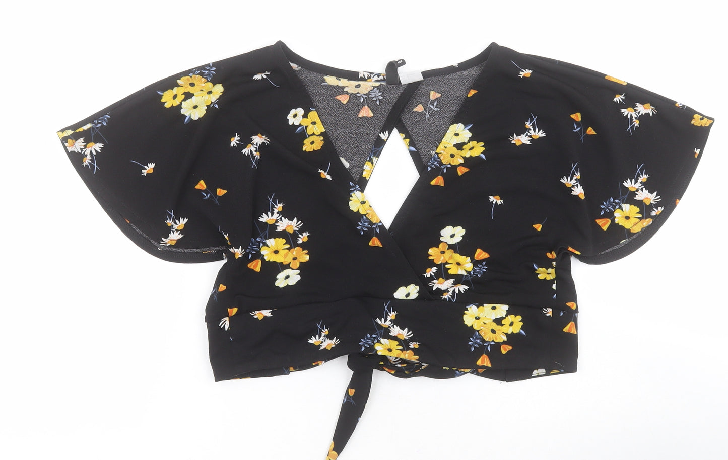 H&M Womens Black Floral Polyester Basic Blouse Size S V-Neck