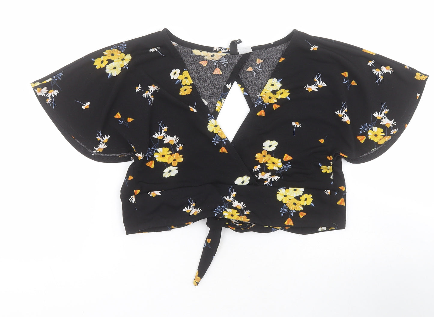 H&M Womens Black Floral Polyester Basic Blouse Size S V-Neck