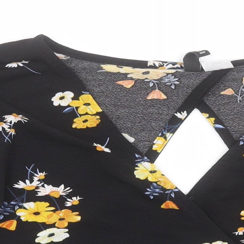 H&M Womens Black Floral Polyester Basic Blouse Size S V-Neck