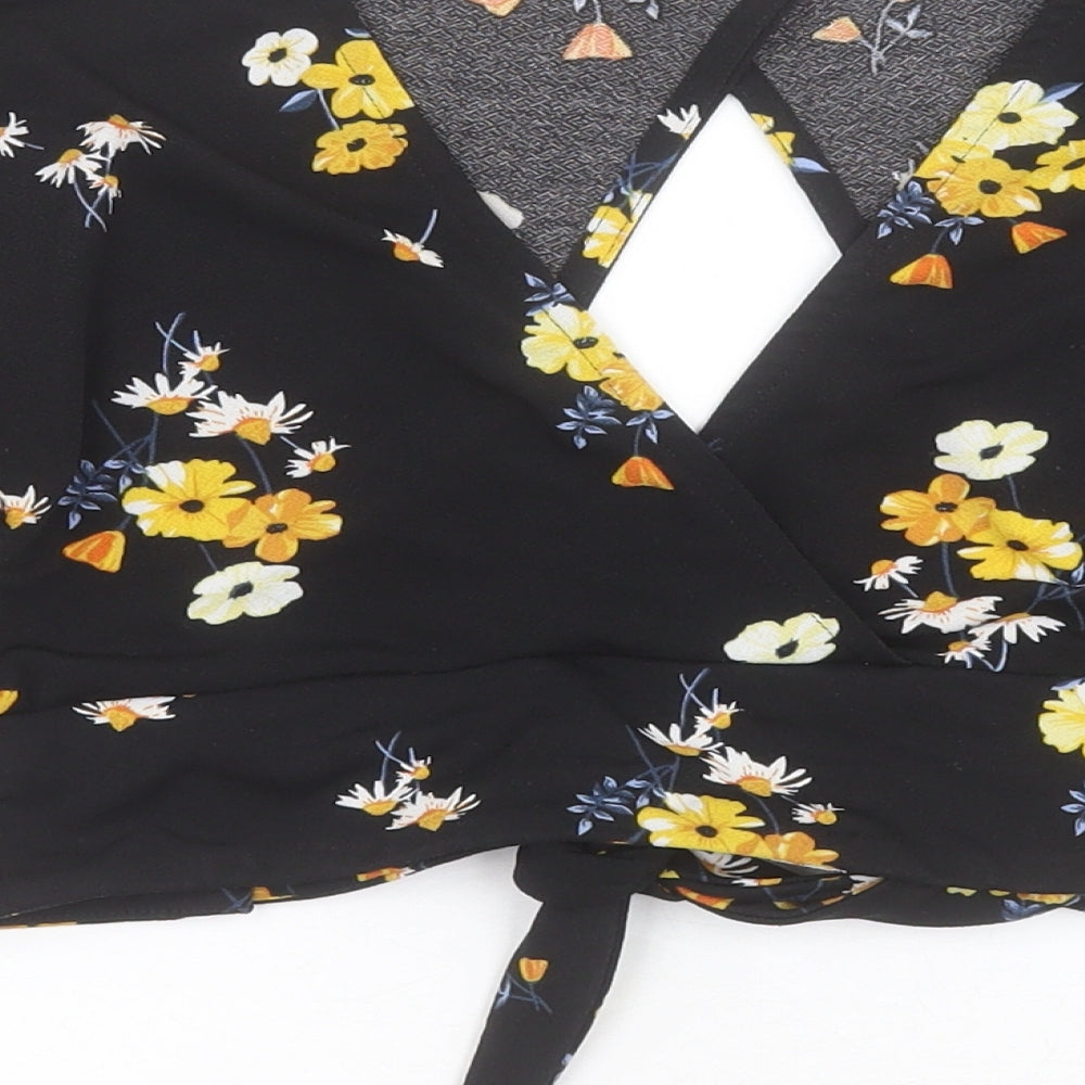 H&M Womens Black Floral Polyester Basic Blouse Size S V-Neck