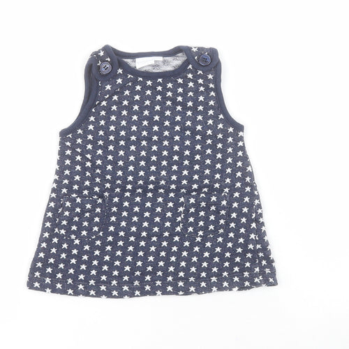 Bluezoo Baby Blue  100% Cotton Pinafore/Dungaree Dress  Size 3-6 Months  Boat Neck Button - Stars