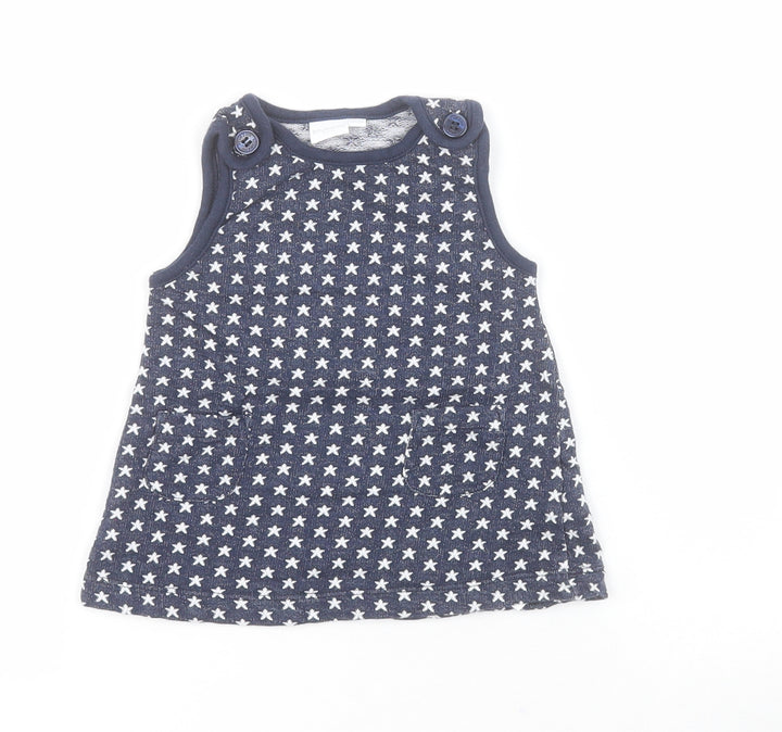 Bluezoo Baby Blue 100% Cotton Pinafore/Dungaree Dress Size 3-6 Months Boat Neck Button - Stars