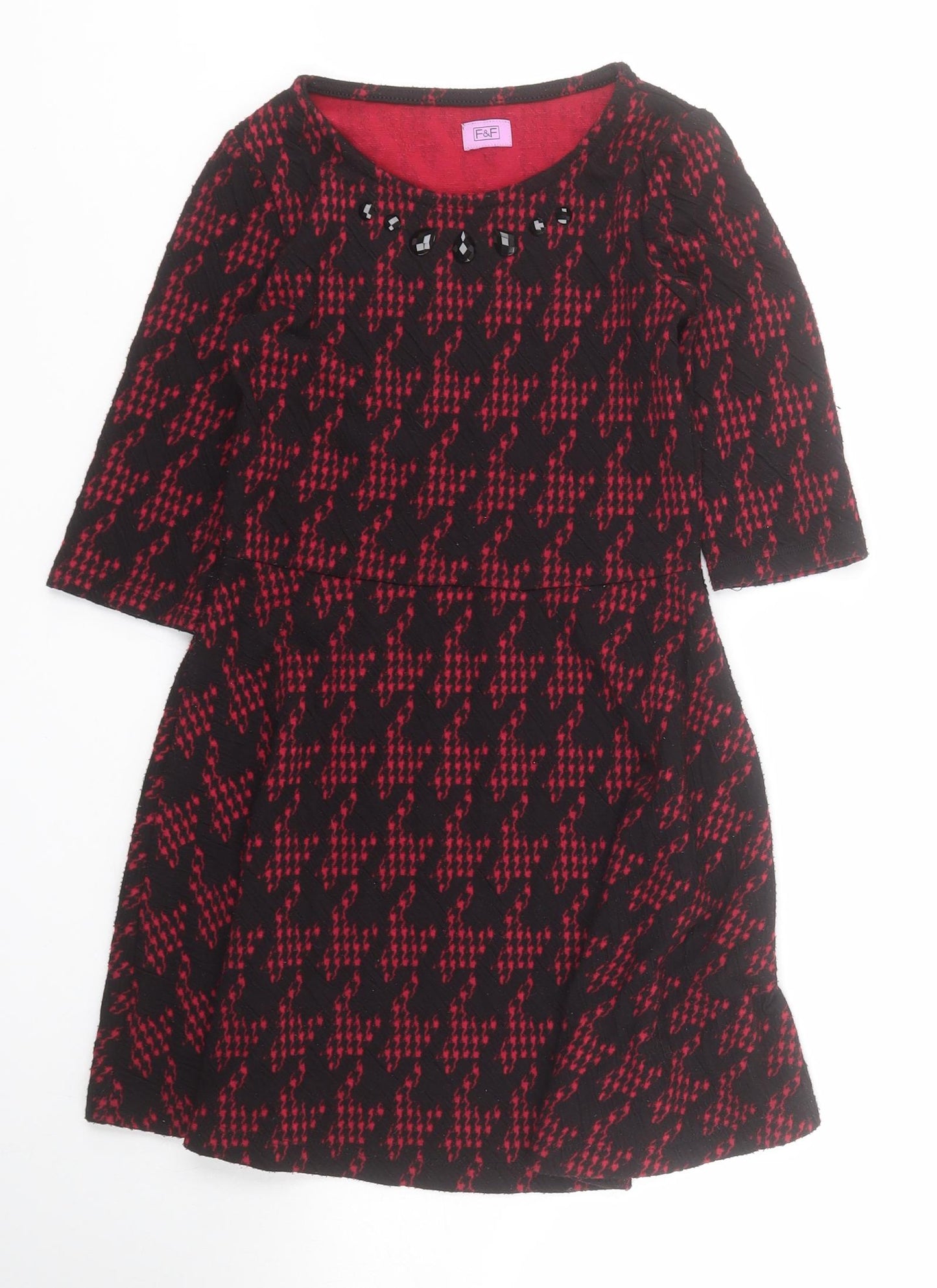 F&F Girls Red Houndstooth Polyester A-Line  Size 7-8 Years  Round Neck Pullover
