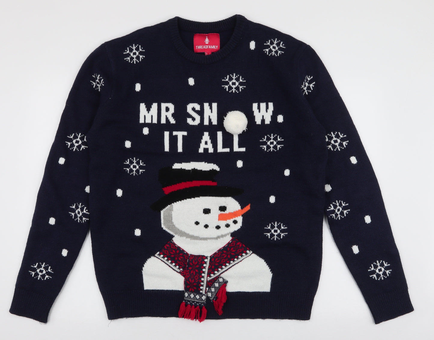 Thread Family Mens Blue Round Neck  Acrylic Pullover Jumper Size L   - Snowman Christmas