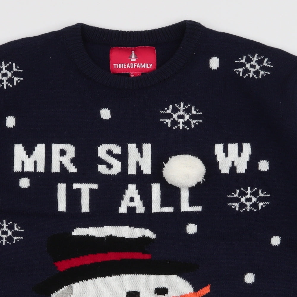 Thread Family Mens Blue Round Neck  Acrylic Pullover Jumper Size L   - Snowman Christmas