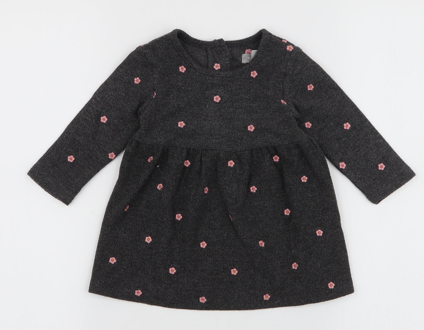 Primark Girls Grey Floral Polyester Skater Dress  Size 6-9 Months  Round Neck Button