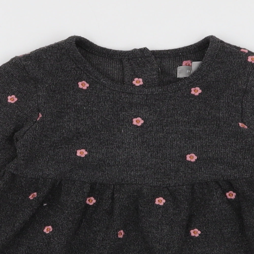 Primark Girls Grey Floral Polyester Skater Dress  Size 6-9 Months  Round Neck Button