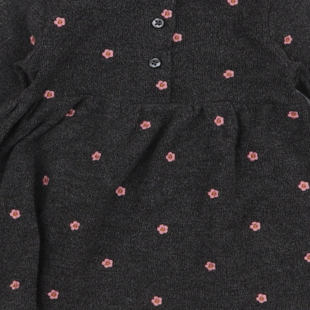 Primark Girls Grey Floral Polyester Skater Dress  Size 6-9 Months  Round Neck Button