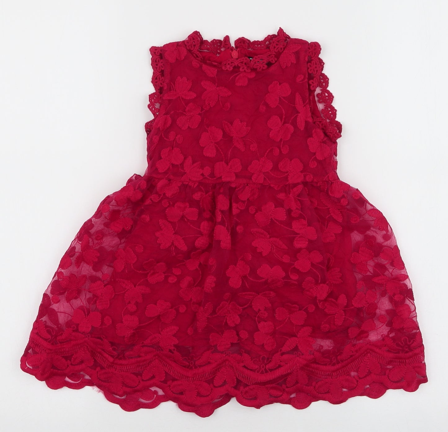 Preworn Girls Red Floral Polyester Skater Dress  Size 24 Months  Round Neck Zip