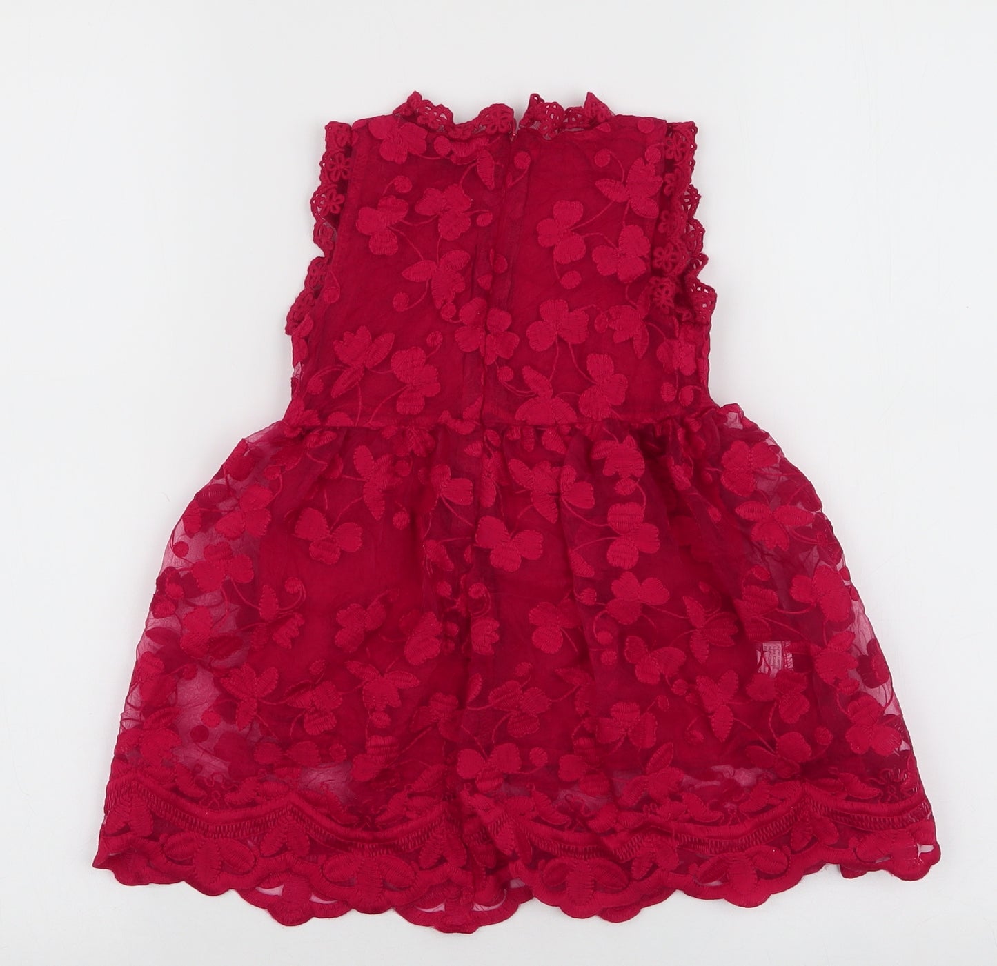 Preworn Girls Red Floral Polyester Skater Dress  Size 24 Months  Round Neck Zip