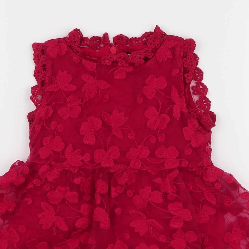 Preworn Girls Red Floral Polyester Skater Dress  Size 24 Months  Round Neck Zip