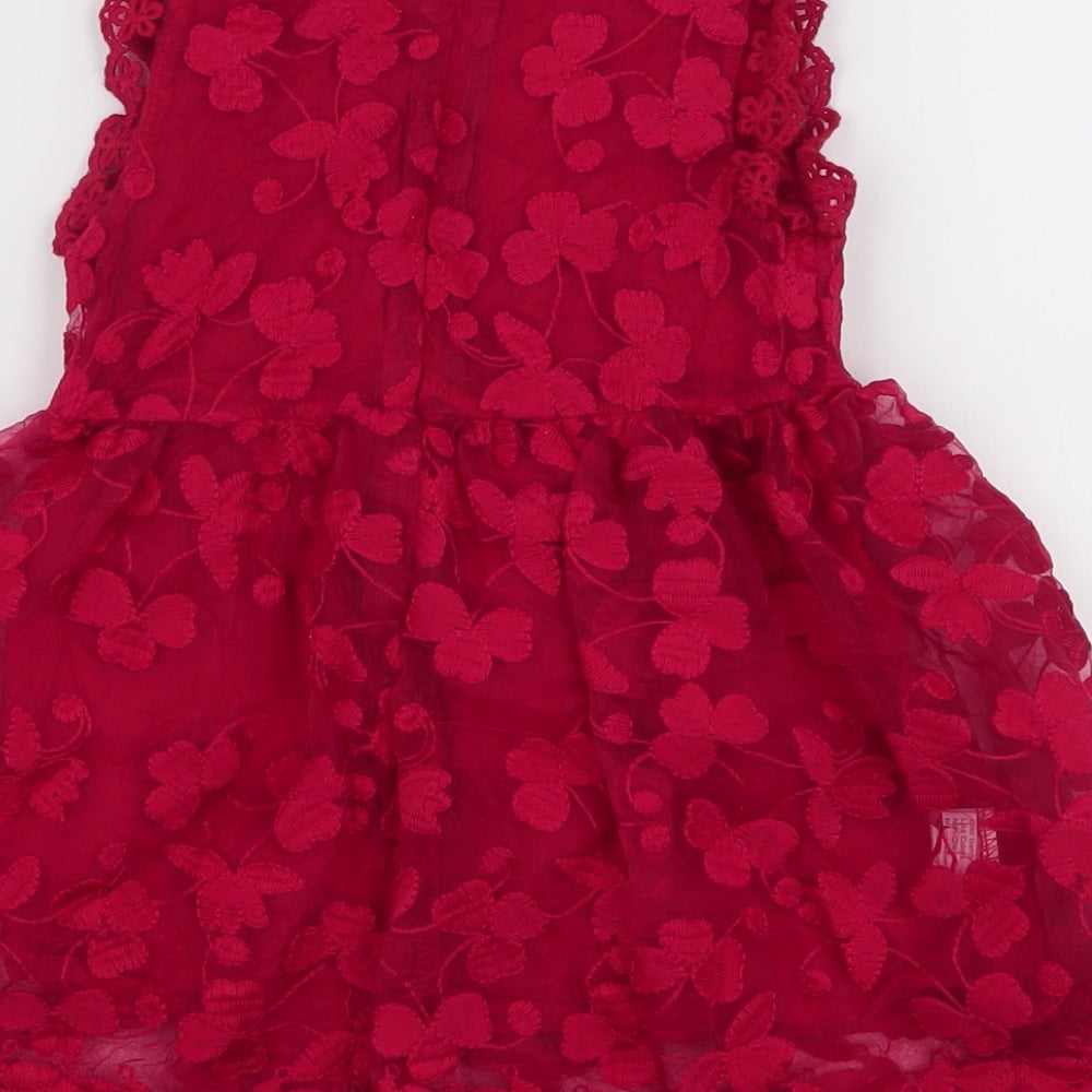 Preworn Girls Red Floral Polyester Skater Dress  Size 24 Months  Round Neck Zip