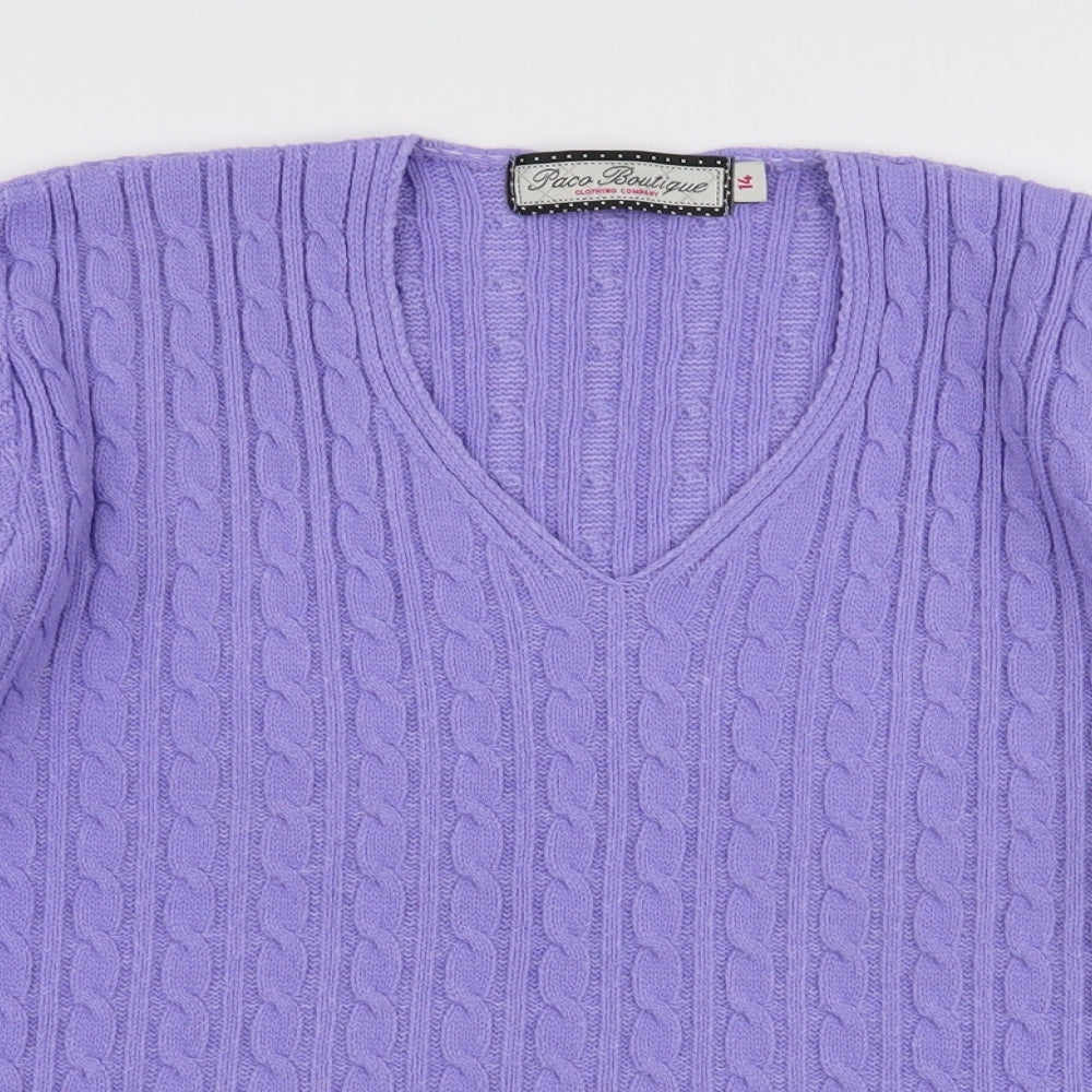 Paco Boutique Womens Purple V-Neck  Acrylic Pullover Jumper Size 14