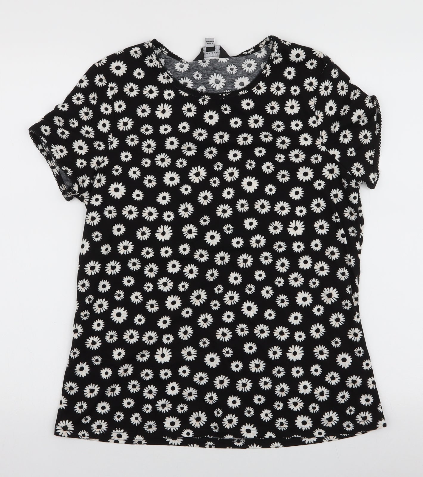 Dorothy Perkins Womens Black Floral 100% Cotton Jersey T-Shirt Size 14 Round Neck - Daisy
