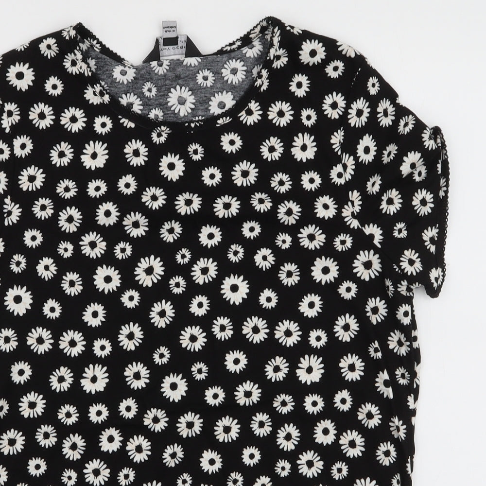 Dorothy Perkins Womens Black Floral 100% Cotton Jersey T-Shirt Size 14 Round Neck - Daisy