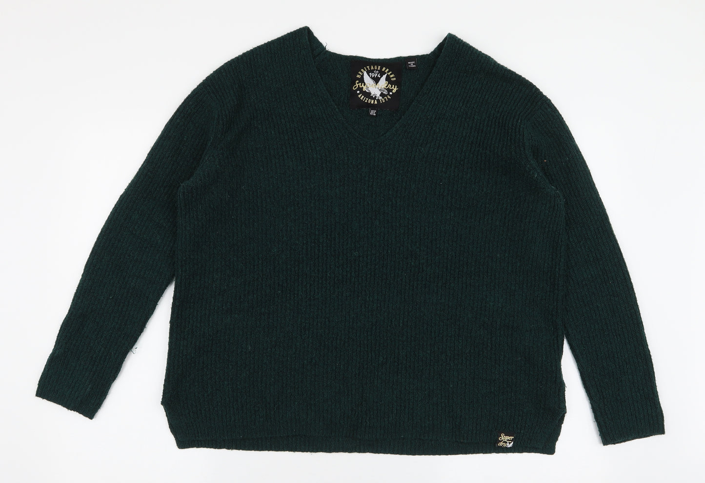 Superdry Womens Green V-Neck  Acrylic Pullover Jumper Size 12