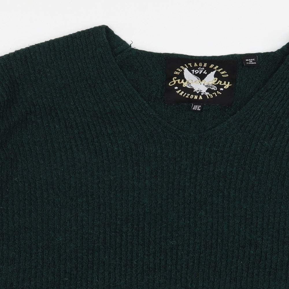 Superdry Womens Green V-Neck  Acrylic Pullover Jumper Size 12