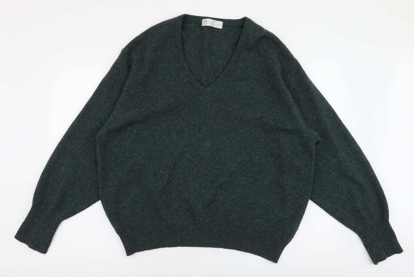 Marks and Spencer Mens Green V-Neck  Wool Pullover Jumper Size XL