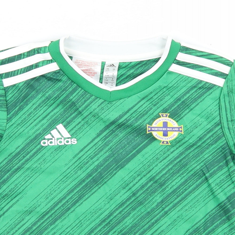 adidas Boys Green Striped Polyester Basic T-Shirt Size 3-4 Years V-Neck  - Northern Ireland Irish Football