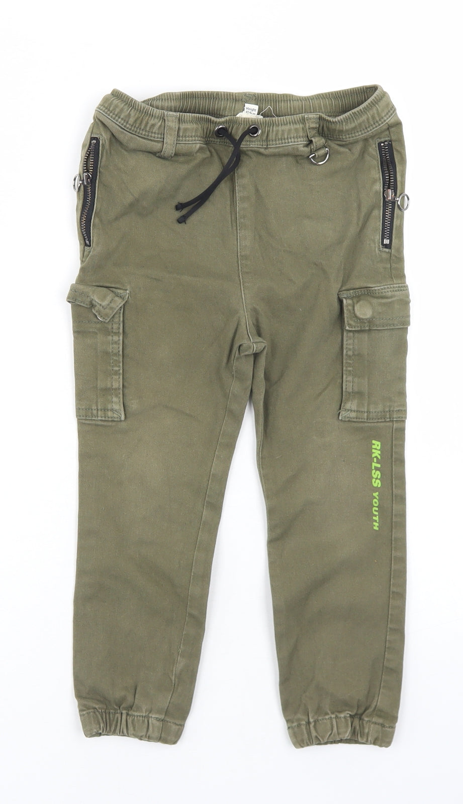 River Island Boys Green  Cotton Cargo Trousers Size 3-4 Years  Regular Drawstring