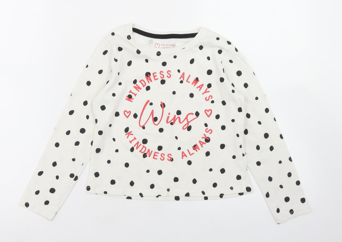 Primark Girls White Polka Dot Polyester Cropped T-Shirt Size 7-8 Years Crew Neck  - Kindness