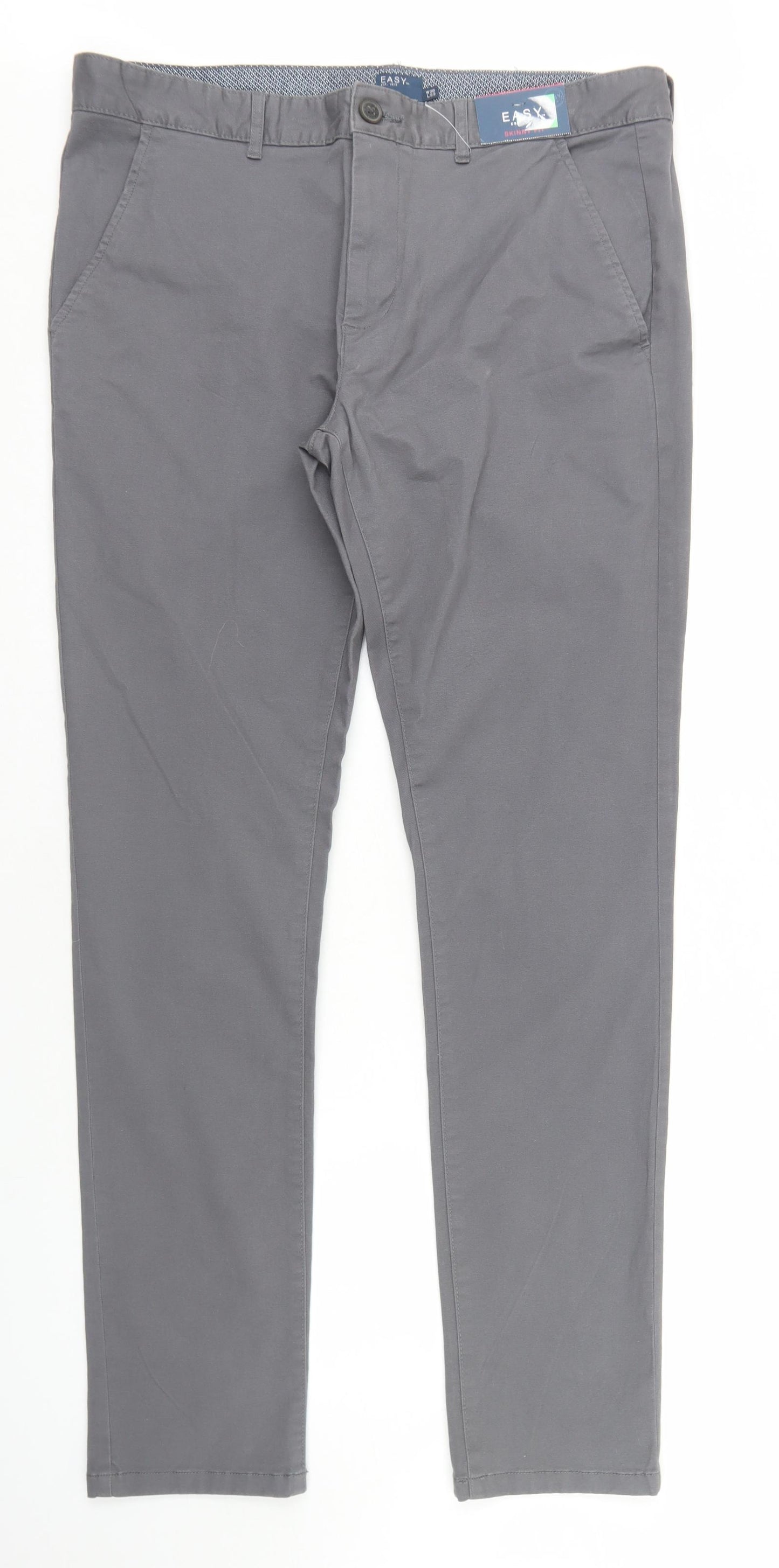 Easy Mens Grey  Cotton Chino Trousers Size 36 in L33 in Regular Button