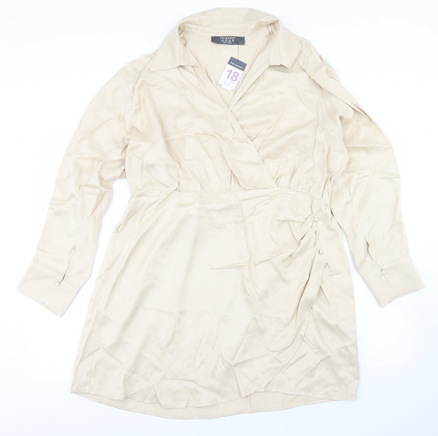Primark Womens Beige  Viscose Wrap Dress  Size 18  Collared Button