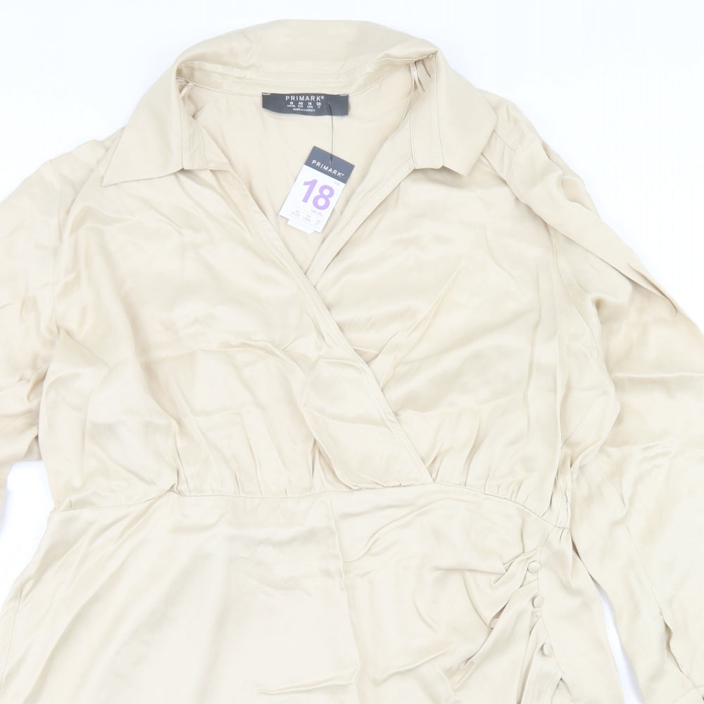 Primark Womens Beige  Viscose Wrap Dress  Size 18  Collared Button
