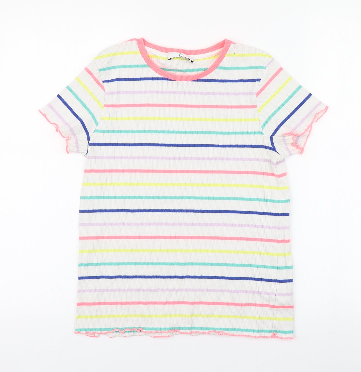 Marks and Spencer Girls Multicoloured Striped Cotton Basic T-Shirt Size 13-14 Years Round Neck Pullover