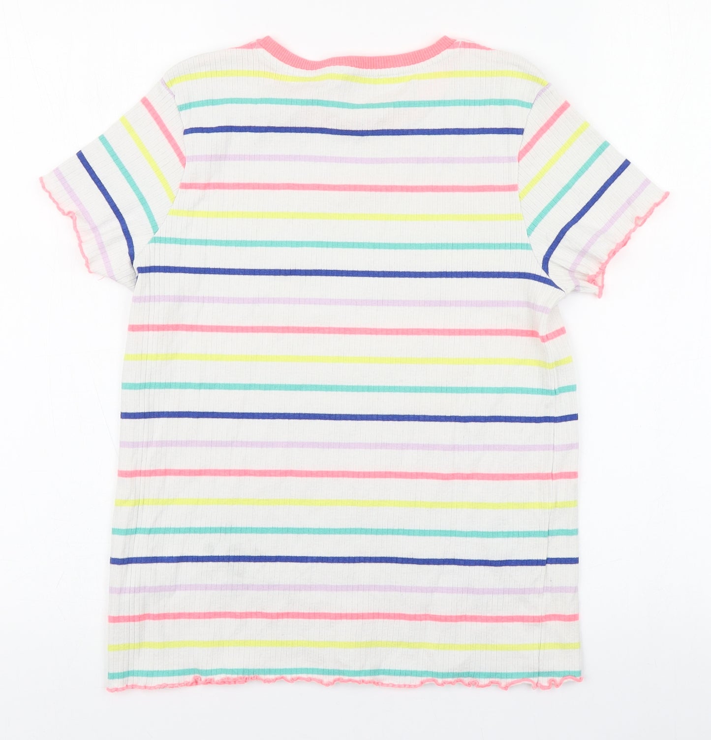 Marks and Spencer Girls Multicoloured Striped Cotton Basic T-Shirt Size 13-14 Years Round Neck Pullover