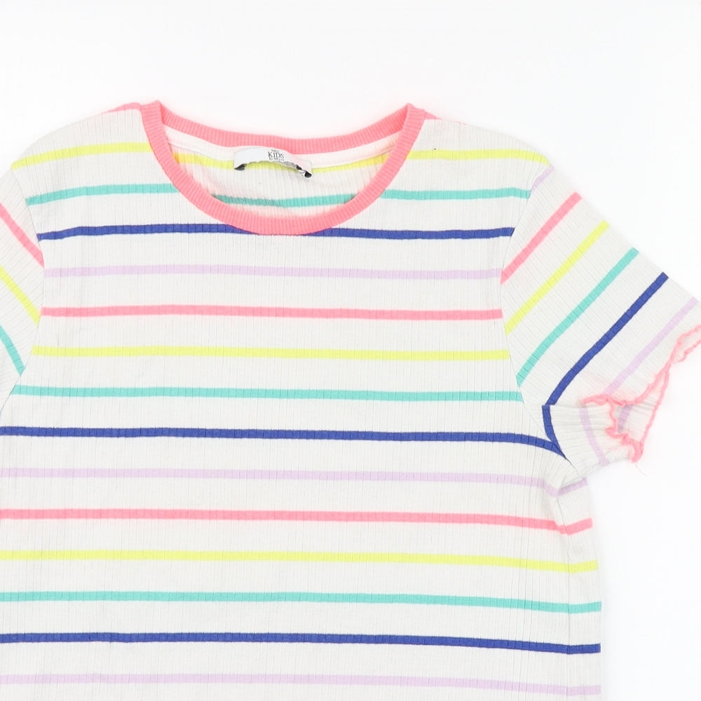 Marks and Spencer Girls Multicoloured Striped Cotton Basic T-Shirt Size 13-14 Years Round Neck Pullover