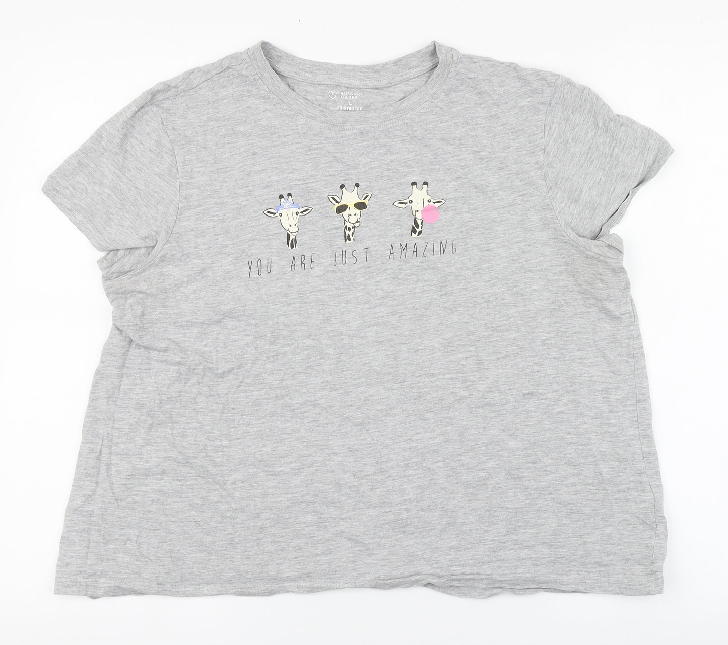 Primark Womens Grey  Cotton Basic T-Shirt Size L Round Neck - Giraffe