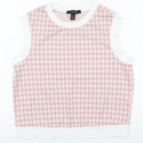 New Look Womens Pink Plaid Polyester Basic Tank Size 14 Round Neck