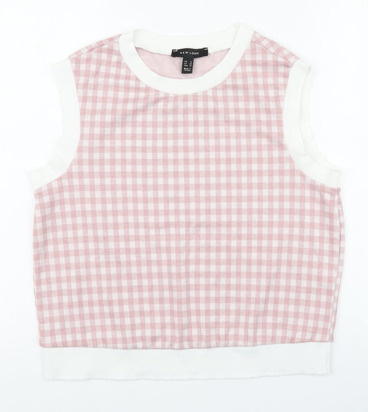 New Look Womens Pink Plaid Polyester Basic Tank Size 14 Round Neck