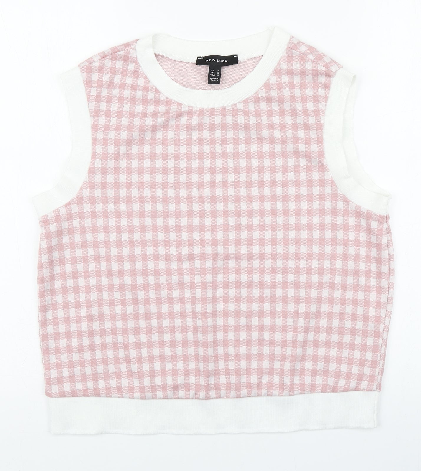 New Look Womens Pink Plaid Polyester Basic Tank Size 14 Round Neck